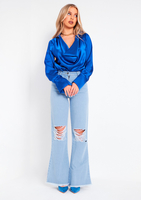 Ivanka Blue Satin Draped Front Long Sleeve Blouse