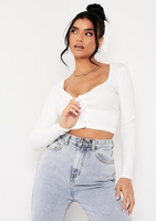 Jade Ivory Thick Jersey Button Through Long Sleeve Crop Top