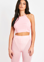 Janelle Pink Mesh Halter Neck Ruched Top