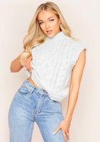 Jess Grey Cable Knit High Neck Vest