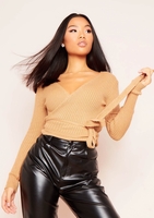 Kai Camel Plunge Wrap Knitted Top