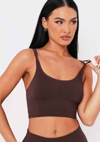 Kara Chocolate Seamless Ribbed Scoop Neck Double Strap Crop Top