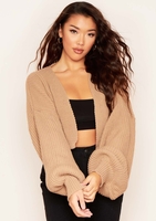 Katrina Mocha Balloon Sleeve Knitted Cropped Cardigan