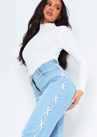 Kelsie White Ribbed Knit High Neck Long Sleeve Top