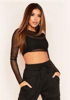 Leena Black Sheer Mesh Long Sleeve Crop Top