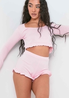 Louise Pink Frill Edge Long Sleeve Top & Short Pyjama Set