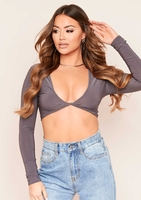 Luna Charcoal Slinky Twist Front Long Sleeve Crop Top