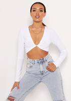 Luna White Slinky Twist Front Long Sleeve Crop Top