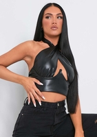 Maegan Black PU Underwired Halter Neck Crop Top