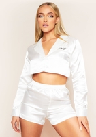 Maria Ivory Missy Embroidered Cropped Shirt Satin PJ Short Set