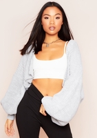 Mary Grey Balloon Sleeve Cropped Knitted Cardigan
