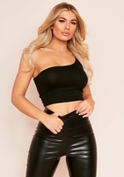 Mira Black Basic One Shoulder Crop Top