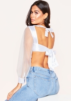 Mya White Satin Mesh Tie Crop Top