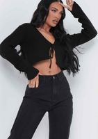 Nataly Black Ribbed Knit Tie Cropped Cardigan