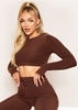 Nayla Chocolate Ribbed Crew Neck Long Sleeve Crop Top