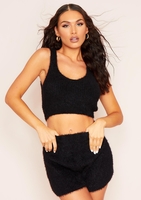 Norah Black Thick Fluffy Knit Plunge Crop Top