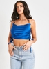 Nyla Blue Satin Chain Detail Cowl Neck Crop Top
