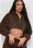 Olivia Chocolate Fluffy Teddy Borg Cropped Zip Up Hoodie