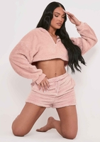 Olivia Pink Fluffy Teddy Borg Cropped Zip Up Hoodie
