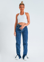 Perrie Dark Blue Denim Straight Leg Split Detail Jeans