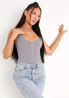 Psalm Grey Plunge Zip Ribbed Bodysuit