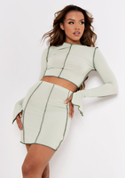 Rae Sage Contrast Stitch Slit Sleeve Ribbed Crop Top