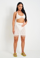 Raelynn White Knitted Crochet Tassle Hem Mini Skirt
