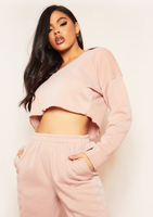 Rhea Beige V Neck Seam Detail Cropped Hoodie