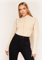 Ria Beige Contrast Stitch High Neck Bodysuit