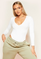 Rita White Padded Shoulder Plunge Bodysuit
