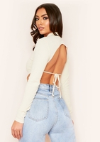 Roderiga Beige Ribbed High Neck Tie Back Crop Top