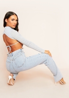 Roderiga Light Grey Ribbed High Neck Tie Back Crop Top