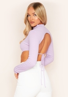Roderiga Lilac Ribbed High Neck Tie Back Crop Top