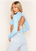 Roderiga Pale Blue Ribbed High Neck Tie Back Crop Top