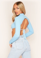 Roderiga Pale Blue Ribbed High Neck Tie Back Crop Top
