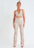 Romy Beige PU Cropped Corset Halterneck Top