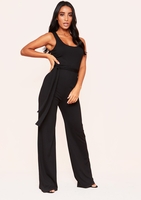 Ruby Black Ribbed Tie Waist Wide Leg Jumpsuit