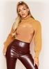 Ruth Camel Extreme Crop Roll Neck Knitted Sleeve Top