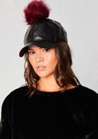 Sally Black Faux Leather Wine Pom Pom Cap