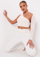 Sam Beige One Shoulder Long Sleeve Crop Top