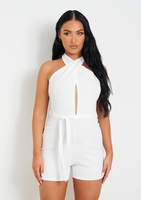 Samantha White Crinkle Jersey Cross Tie Neck Playsuit