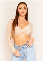 Sara Champagne Slinky Long Sleeve Twist Front Crop Top