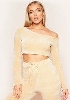 Sarah Beige Chenille Off Shoulder Cropped Jumper