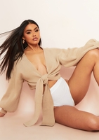 Shelly Beige Knitted Balloon Sleeve Tie Front Cardigan