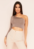 Siara Mocha One Shoulder Long Sleeve Crop Top