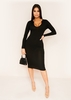 Sierra Black Ribbed Notch Collar Plunge Midi Dress