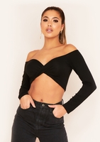 Socorro Black Twist Front Bardot Long Sleeve Crop Top