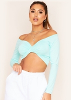 Socorro Mint Twist Front Bardot Long Sleeve Crop Top