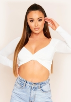 Socorro White Twist Front Bardot Long Sleeve Crop Top