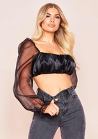 Syrah Black Satin Mesh Puff Sleeve Crop Top